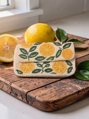 Beaded Lemon Print Clutch Bag - Cream and Yellow